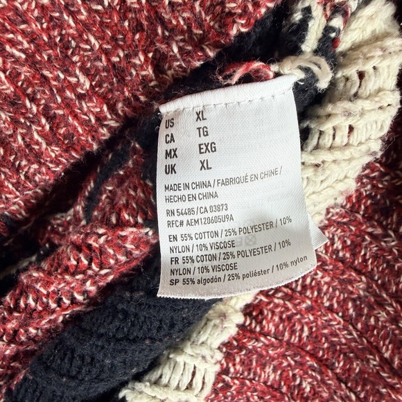 American Eagle Aztec Hoodie Mens Xl Red Cable Knit 1/4 Button Pullover Pockets - Picture 6 of 6